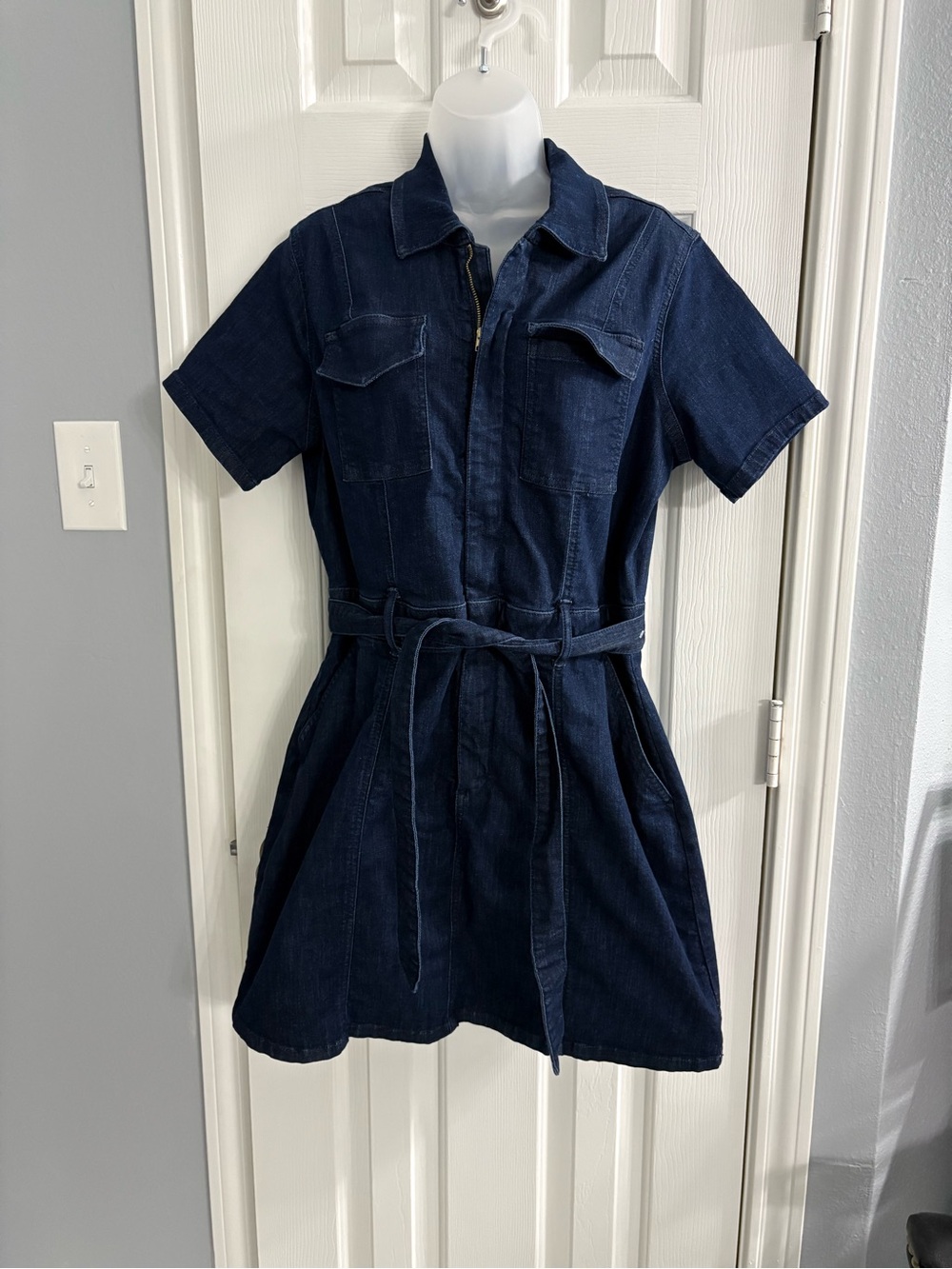 Nine West Dark Blue Short-Sleeve Shirt Dress with Tie Belt